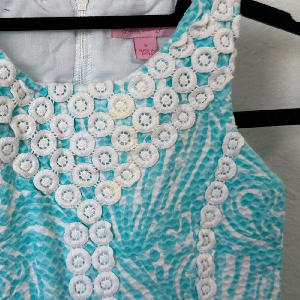 Lilly Pulitzer Girls Aqua and White Embroidered Shift Dress